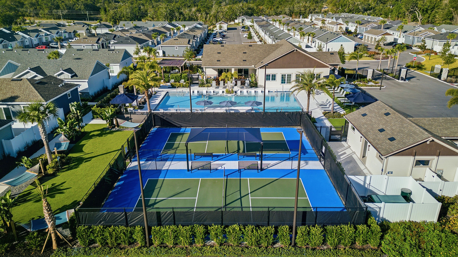 Aerial view of pickleball court for residents of Yardly Crossings houses in Deland, FL